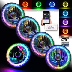 5-3/4" Bluetooth RGB Color Chase Chasing SMD LED Halo Angel Eye H4 Headlight Set